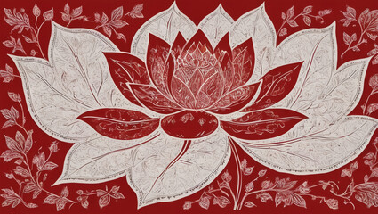 Traditional Indian style lotus flower in white and red with leaves.