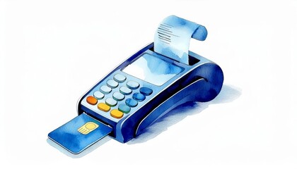 Watercolor Illustration of a Blue POS Terminal Machine