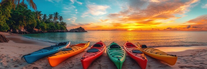 Poster - Kayak boat in tropical beach with coconut tree at sunset