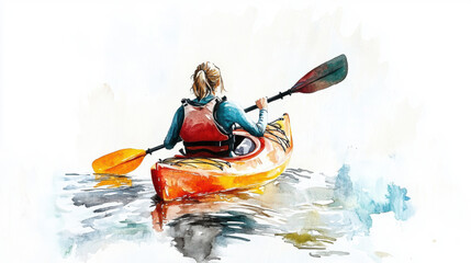 Poster - Watercolor painting of a female kayaking in water