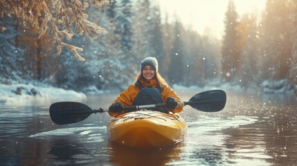 A man kayaking in lake water in winter with snow