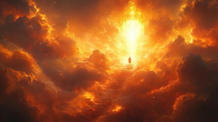 Wall Mural - ethereal staircase ascending through clouds towards radiant golden gates soft light and angelic figures create a heavenly atmosphere of spiritual transcendence