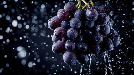 Wall Mural - Bunch of grapes with drops of water on a dark background 