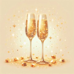 Two gold-rimmed champagne flutes filled with sparkling white wine, tied with a delicate ribbon, ideal for a festive new-year celebration