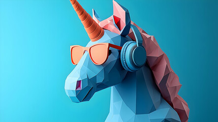 Poster - Cool unicorn with headphones and sunglasses against a blue background.