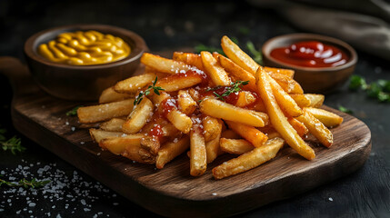 Crispy french fries with ketchup and mustard on a wooden cutting board.