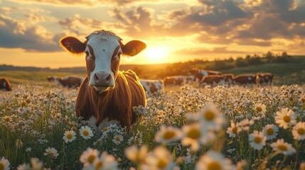 A young brown and white cow stands in a field of daisies with the sun setting in the background.