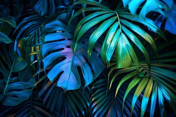 Tropical leaves illuminated with blue and green light