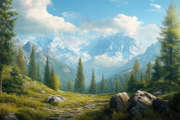 Beautiful mountain view with forests and rocks, ai