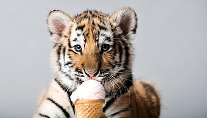 Poster - baby amur tiger eating ice cream