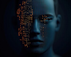 Facial recognition grid overlaid on a face with futuristic digital interface, High-tech, Sci-Fi, 3D model, Blue tones