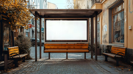 Poster - Empty billboard with blank space for advertising on a city street with a bench.