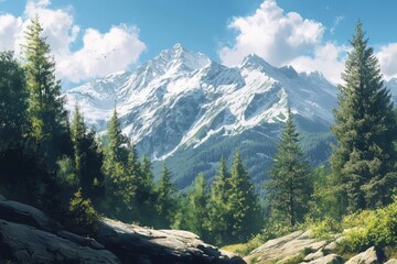 Beautiful mountain view with forests and rocks, ai