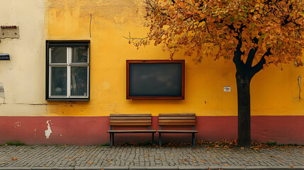 Poster - Empty wooden benches against yellow wall with autumn tree and blank black billboard.