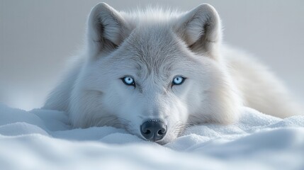 Wall Mural - majestic white wolf portrait piercing blue eyes frostcovered fur backdrop of misty winter forest