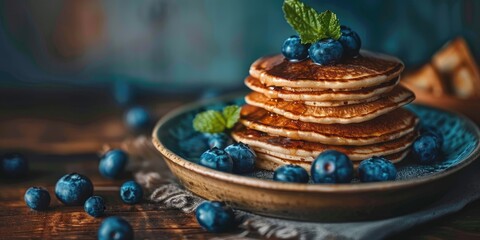 Poster - Delicious Stack of Pancakes on a Ceramic Plate with Fresh Blueberries and Mint Vertically Aligned