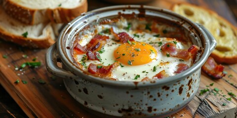 Wall Mural - Baked Egg with Cream Bacon and Toast