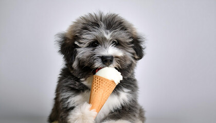 Poster - baby old english sheepdog enjoying ice cream