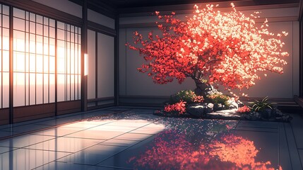 Sticker - Japanese Zen Garden with Blooming Cherry Tree and Sunset View.