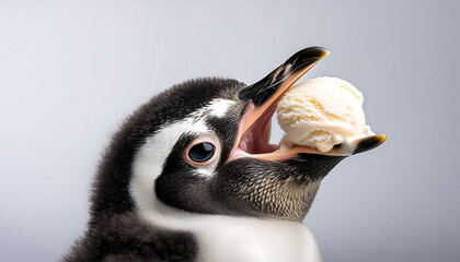 Wall Mural - baby penguin enjoying an ice cream treat