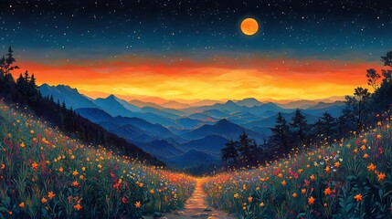 Poster - Mountain Meadow at Sunset with Full Moon and Starry Sky.