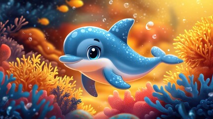 Wall Mural - playful baby dolphin illustration with vibrant colors whimsical ocean background with coral reefs and tropical fish cheerful expression on dolphins face cute cartoonish style with soft textures