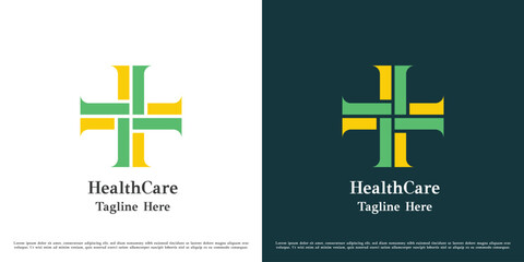 Wall Mural - Fresh health logo design illustration. Silhouette of plus sign cross green yellow medical hospital pharmacy help care support. Geometric abstract minimal simple science icon symbol.