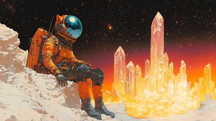 Canvas Print - Astronaut Contemplating a Crystal City on a Distant Planet.