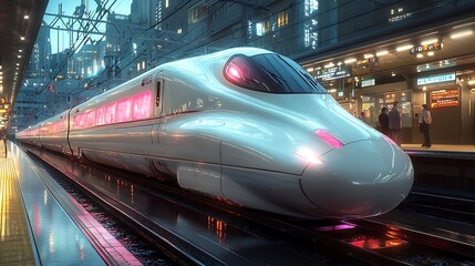 Canvas Print - Futuristic High-Speed Train Arriving at a Modern Station.