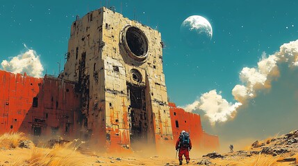 Poster - Astronaut exploring an alien landscape with a giant structure in the background.