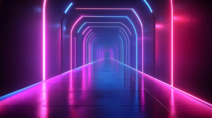 Futuristic Neon Corridor with Pink and Blue Lights.