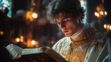 reverent priest in ornate robes reading ancient bible in candlelit church interior stained glass windows atmosphere of sacred devotion