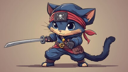 Wall Mural - Cute Cartoon Cat Pirate Holding a Sword.