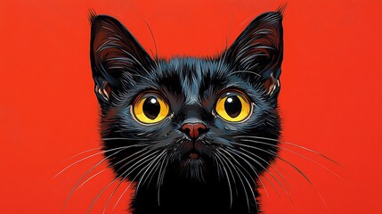 Naklejka na meble Close-up of a Black Cat with Yellow Eyes on a Red Background.