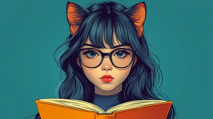 Young woman with cat ears reading a book.