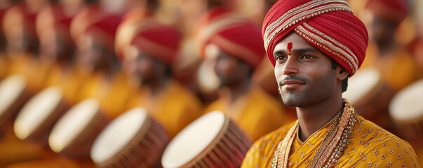 Traditional Indian musicians performing at a Diwali festival, heritage instruments, 3D illustration