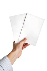 Hand Holding Two White Papers with Blank Spaces for Text, Ideal for Customizable Documents, Business Presentations, and Creative Design Layouts