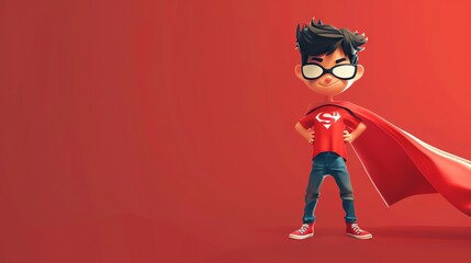 Wall Mural - A cartoon boy wearing a red shirt and cape stands confidently.