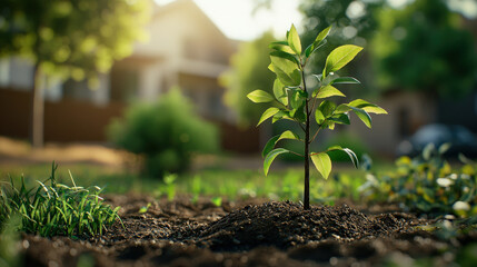 Close-up of a young tree sapling freshly planted in rich soil, with a blurred residential house in the background on a sunny day.