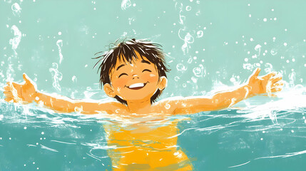 Sticker - Happy child with arms outstretched enjoying the water.