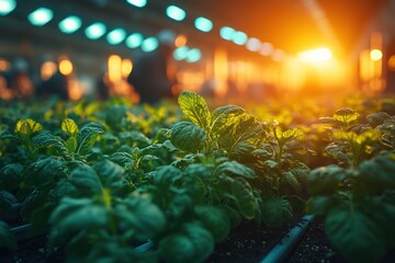 Close-up of green leafy plants growing in a hydroponic farm with blurred figures in the background.