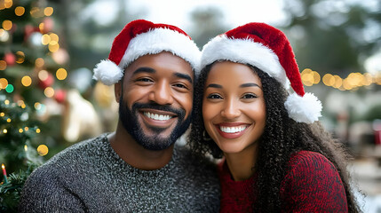 Canvas Print - Happy interracial couple in Santa hats.