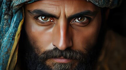 Close-up portrait of a man with a beard and a turban, looking directly at the camera with intense eyes.