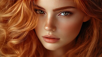 Wall Mural - Close-up portrait of a young woman with long, curly red hair and green eyes. She is looking directly at the camera with a serious expression.