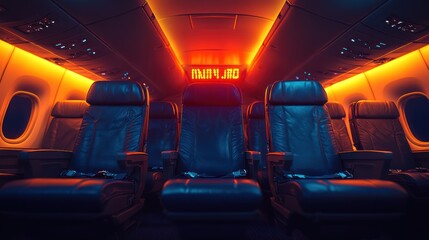 Wall Mural - Empty airplane seats with red light illuminating the cabin.