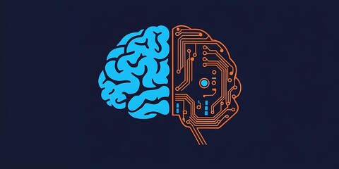 A digital brain made of blue circuit lines and binary code, with two connected branches representing the left side depicting an AI model or neural network concept Generative AI  