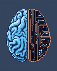 A digital brain made of blue circuit lines and binary code, with two connected branches representing the left side depicting an AI model or neural network concept Generative AI  