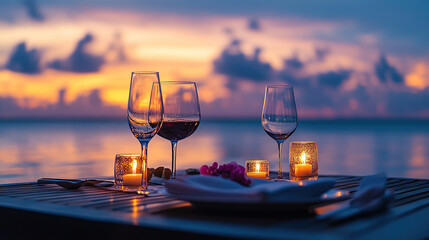 Dining table with wine glasses and candles on the sea background at sunset