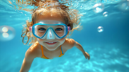 Little girl with a smile swimming underwater wearing goggles and looking at the camera.