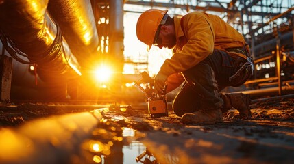 Construction worker crouching beside exposed underground pipes, using a digital inspection tool. 